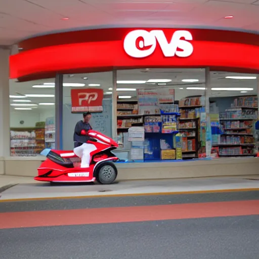 Image similar to a man driving a jetski through a cvs pharmacy, atmospheric haze