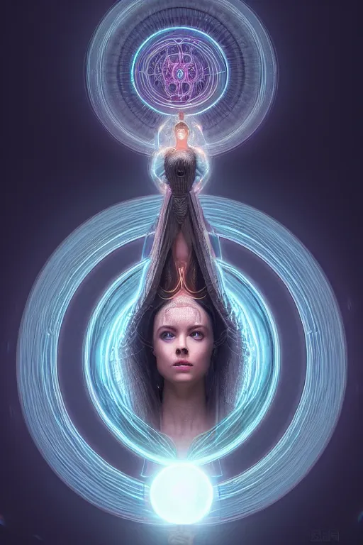 Prompt: a centered render of a goddess emitting a glorious energy from a circular portal on her head and is surrounded by spiral mandel bulb fractals, powerful, cinematic, beautifully lit, by artgerm, by h. r. giger, 3 d, trending on artstation, octane render, 8 k