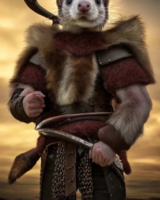 Image similar to ferret warrior, furry, fantasy, viking, high detailed, photography, cloudy, lightweight leather armour, scandinavia, plain, detailed face, look into the distance, serious face, full body, in full growth, professional photographer, masterpiece, 5 0 mm, extremely detailed, 3 d render, digital, 8 k