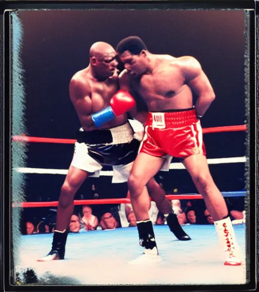 Image similar to photograph of Mike Tyson boxing Mohammed Ali round 12 heavy weight championship, taken on instant film polaroid, signed by mike tyson and mohammed ali