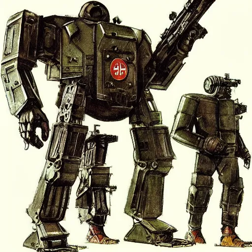 Image similar to Soviet mechs in the style of Norman Rockwell, sci-fi illustrations, highly detailed, award-winning, patriotic, soviet, ussr, dark, gritty, ink