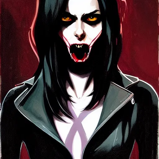 Prompt: rafael albuquerque comic art, peter mohrbacher, phil noto, steve niles, artgerm, pretty willa holland vampire sharp vampire teeth open mouth, symmetrical eyes, black leather jacket, jeans, long black hair