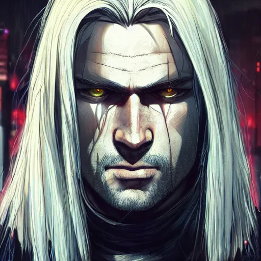 Prompt: well drawn animation portrait Anime geralt of rivia Sharp fine full body portrait , realistic shaded Perfect face, fine details. Anime. cyberpunk realistic shaded lighting by katsuhiro otomo ghost-in-the-shell, magali villeneuve, artgerm, rutkowski Jeremy Lipkin and Giuseppe Dangelico Pino and Michael Garmash and Rob Rey