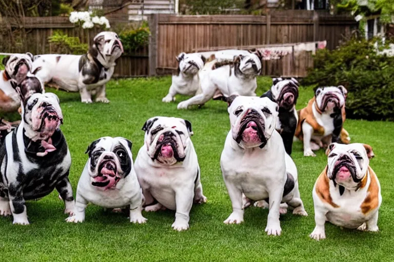 Prompt: a backyard full of bulldogs that are facing directly into the camera