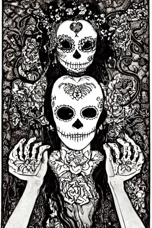 Prompt: Illustration of a sugar skull day of the dead girl, art by harry clarke