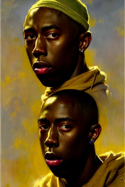 Prompt: tyler the creator by gaston bussiere bayard wu, greg rutkowski, giger, maxim verehin