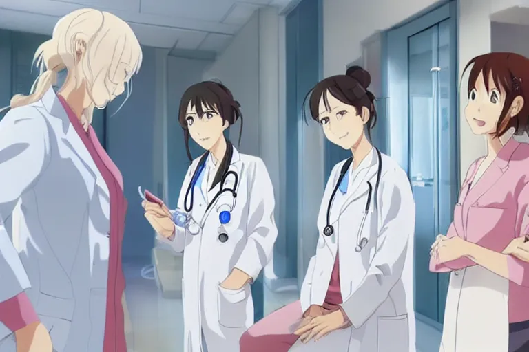 Image similar to a beautiful young female doctor wearing white coat are talking with a nurse wearing pink coat in a hospital ward, slice of life anime, anime scenery by Makoto shinkai