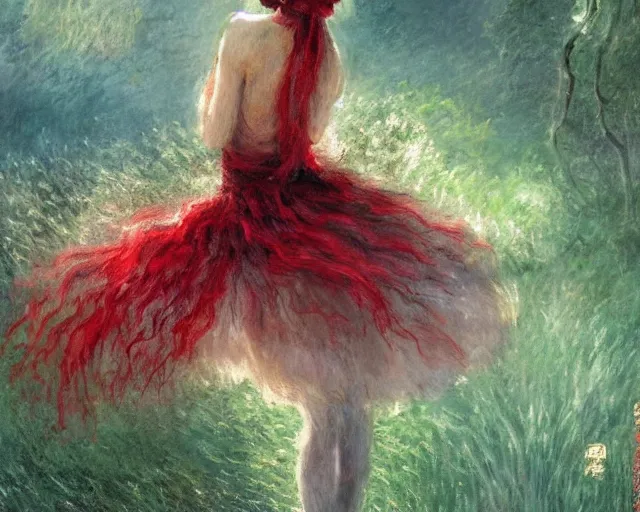 Prompt: a prima ballerina japanese art with a red scarf, medium long brown hair, green eyes, is looking at a bird, ethereal, horror, fantasy art by greg rutkowski and magali villeneuve and claude monet