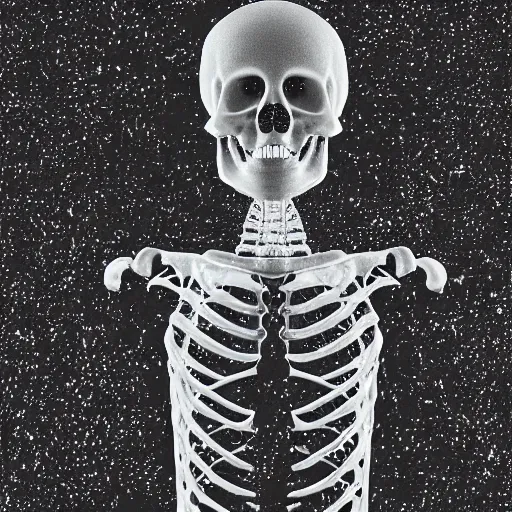 Image similar to Exploding human skeleton, negative, particles flying outward, in the style of Stanley Kubrick
