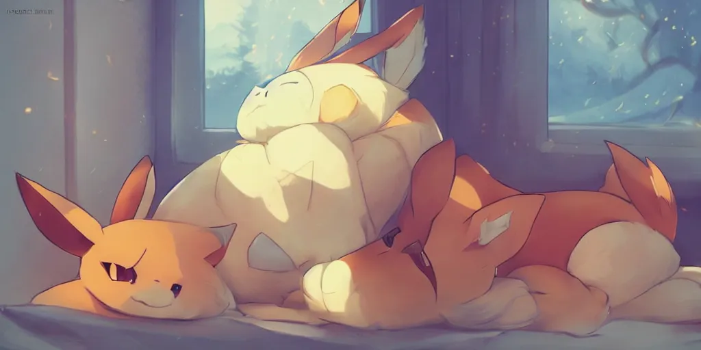 Image similar to a chubby eevee pokemon sleeping on a couch cushion, slanted lighting from window, dust motes in air, cozy vibe, high angle shot, fine details, artwork by ross tran and ilya kuvshinov