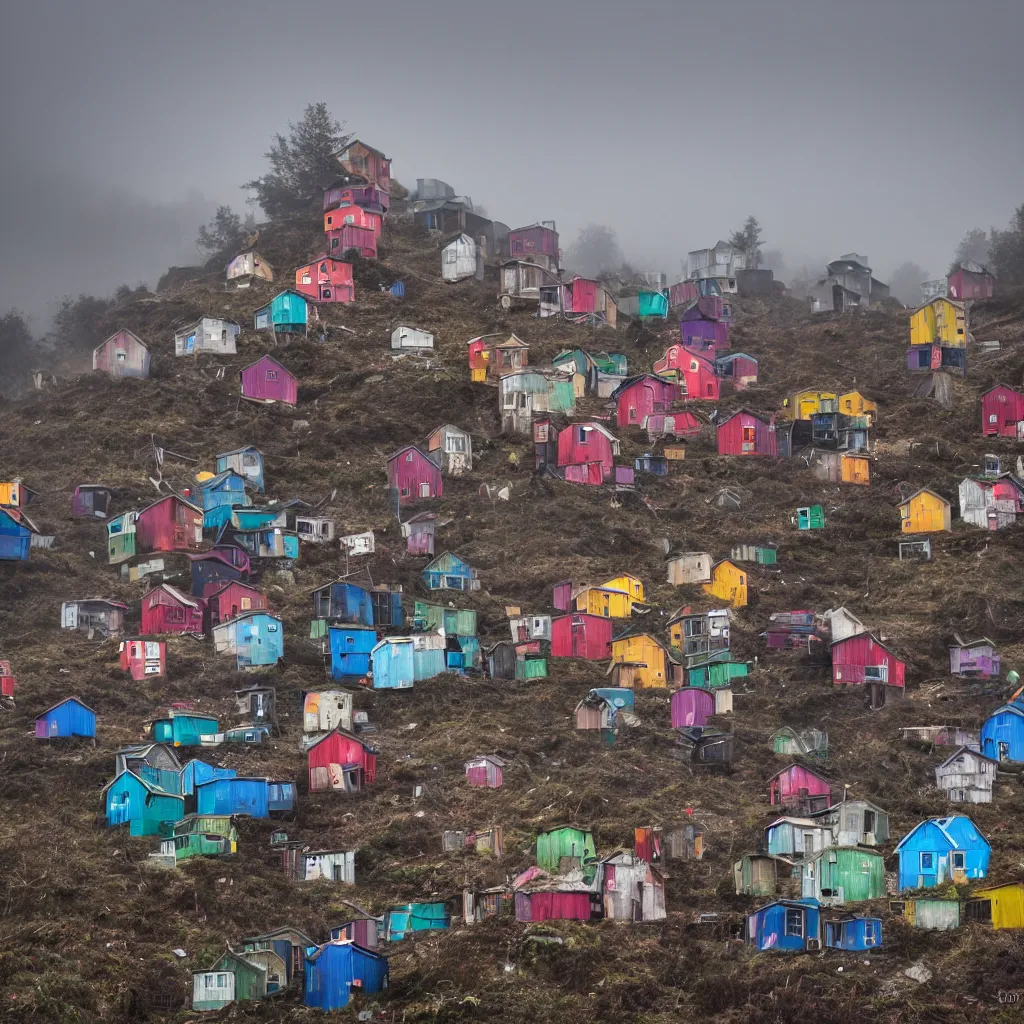 Image similar to two towers, made up of colourful makeshift squatter shacks, uneven dark fog, dystopia, sony a 7 r 3, f 1 1, ultra detailed, photographed by jeanette hagglund