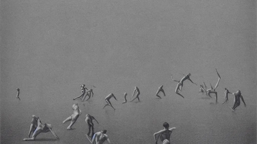 Prompt: A vintage scientific illustration from the 1970s of humans in a line endlessly jumping into a lake by Zdzisław Beksiński