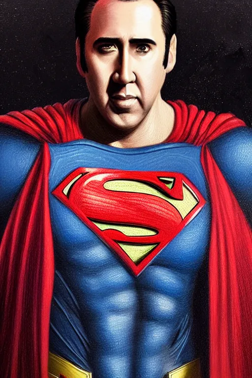 Prompt: Portrait of Nicolas Cage as superman cinematic lighting, intricate, elegant, highly detailed, digital painting, artstation, painted by Artgerm and Mark Waid and Greg Rutkowski and Mandy Jurgens