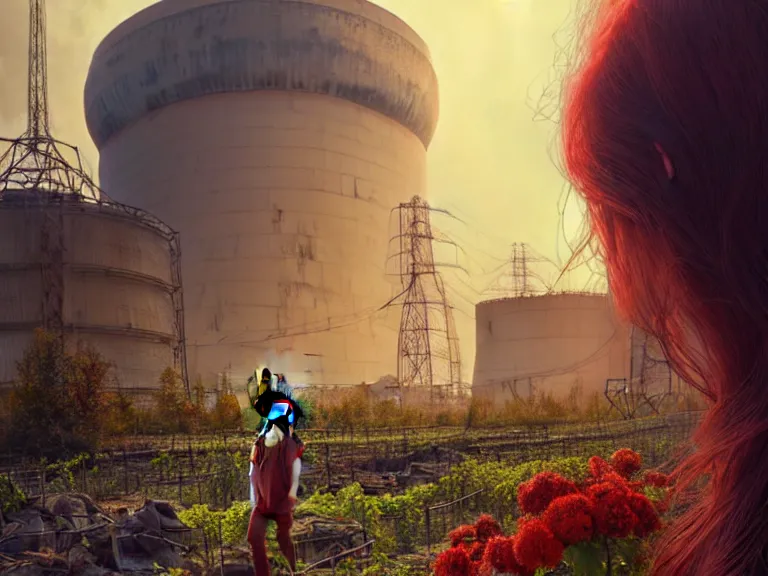Image similar to red hair girl, chernobyl powerplant!!!, rubble, ruins!!, flowers, vines, hyperrealistic, highly detailed, cinematic, single ray of golden sunlight, beautiful, cgssociety, artstation, 8 k, oil painting by greg rutkowski, by artgerm, by wlop