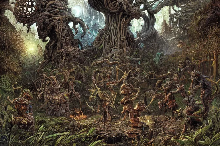 Prompt: The goblin breaker Eriol and their skeletal pack of nagas are hiding on the irradiated island. intricate detailed glowing engravings, ornate, ancient forest, vibrant colors, frog perspective, D&D, Magic The Gathering, by Craig Mullins, volumetric lighting,