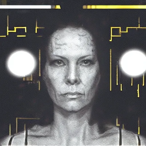 Image similar to grainy photo of an ugly woman, wearing bionic implants, cyborg!!! android! robot!! criminal!!, (((((high tech, circuit boards, cyberpunk))))), mugshot!!