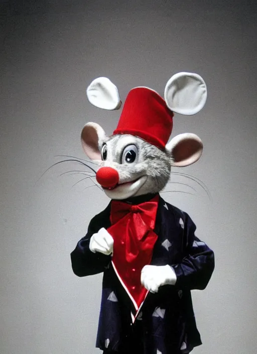 Image similar to Chuck E. Cheese mascot low quality 2002 circus portrait of an anthropomorphic rat animatronic dressed like a clown, professional portrait, camera flash, dimly lit mouse, Chuck E. Cheese head, authentic, mouse, costume weird creepy, off putting, nightmare fuel, Chuck E. Cheese