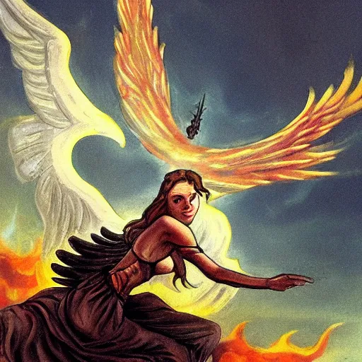 Prompt: a girl rides a winged demon and flies over hell,