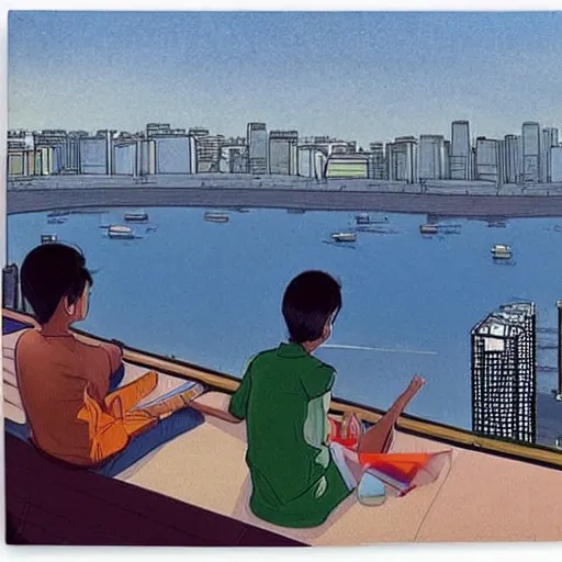 Image similar to art of two singapore students on the roof of a hdb flat, watching the skyline, by moebius