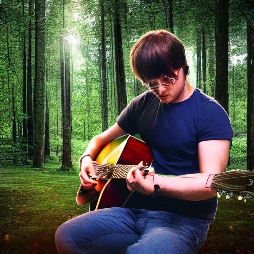 Prompt: Highly detailed picture of 3D male playing guitar within Forest 8k