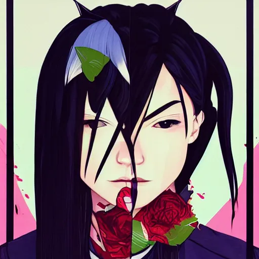 Prompt: Ibuki from SFIII Third Strike profile picture by Sachin Teng, asymmetrical, Organic Painting , Violent, Dark, Rose Petal Background, Powerful, geometric shapes, hard edges, energetic, graffiti, street art:2 by Sachin Teng:4