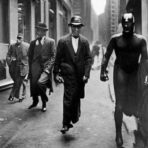 Image similar to 1 9 3 0 s photography of superheroes walking a new york alley