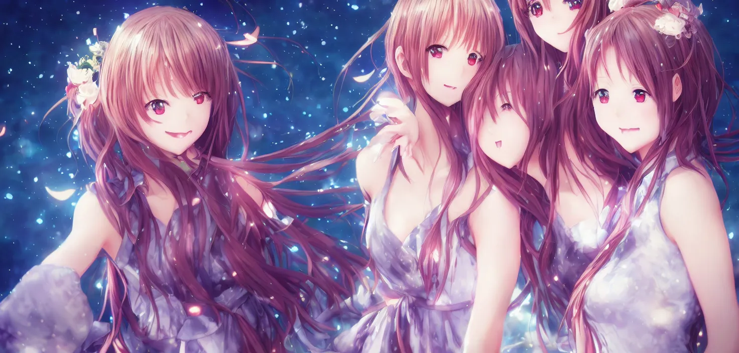 Prompt: two beautiful anime girls wear anime dress in festival | | sunny night, full moon, dreamlike art, realistic shaded, smile, good looking, hyper details, 4 k realistic, cryengine, realistic shaded lighting poster by artgerm, ross tran, fuji choko, 8 k resolution, trending on artstation, luxury