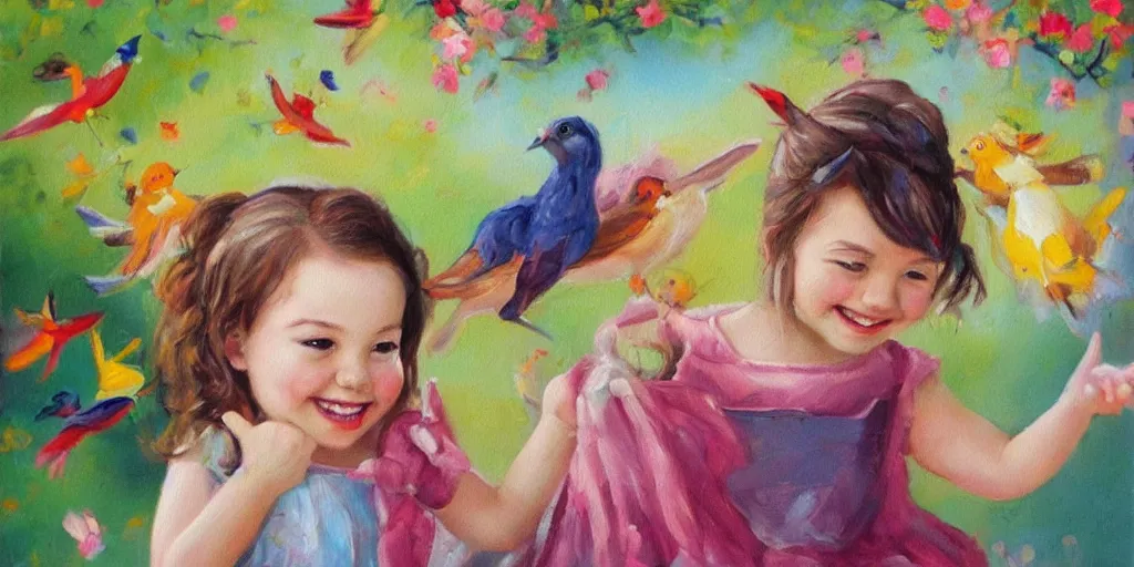 Prompt: beautiful oil painting of a cute little girl smiling, birds are flying around her head, storybook style