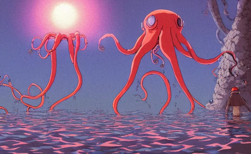 Prompt: a realistic cell - shaded studio ghibli concept art from paprika ( 2 0 0 6 ) of a flying multi - colored octopus from close encounters of the third kind ( 1 9 7 7 ) and dimensional portal to another world above a flooded medieval town on a misty starry night. very dull colors, wide shot, hd, 4 k, hq