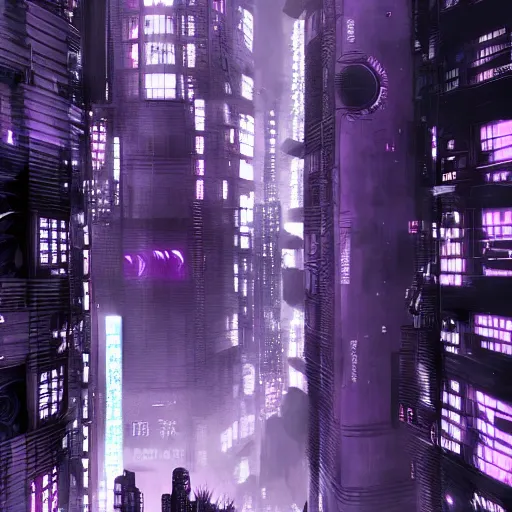Prompt: Futuristic Concrete Dense Tokyo in style of Tsutomu Nihei in purple and black tones. ArtStation, Cyberpunk, vertical symmetry, 8K, Highly Detailed, Intricate, Album Art.
