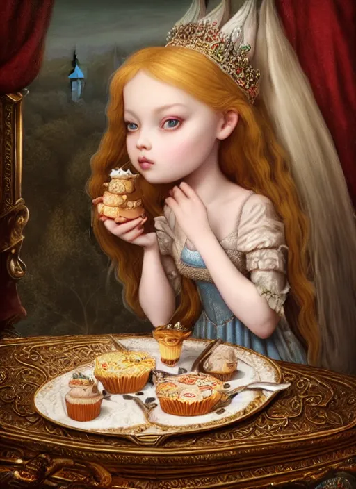 Image similar to highly detailed closeup portrait of a fairytale medieval princess eating cakes, unreal engine, nicoletta ceccoli, mark ryden, lostfish, earl norem, global illumination, god rays, detailed and intricate environment
