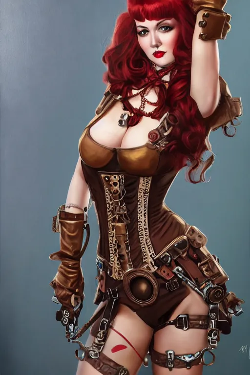 Prompt: Steampunk Pin-up girl, alluring, latina skin, red hair, long straight hair, fully armor, brass colored armor coat, brown corset, pink shirt underneath, gears, posing, trending on artstation, artstationHD, artstationHQ, acrylic painting, realistic