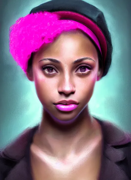 Image similar to portrait of teenage vanessa morgan with bright pink hair, black girl, vanessa morgan, curly pixie cut hair, wearing newsboy cap, newsboy cap, hoop earrings, intricate, elegant, glowing lights, highly detailed, digital painting, artstation, concept art, smooth, sharp focus, illustration, art by wlop, mars ravelo and greg rutkowski