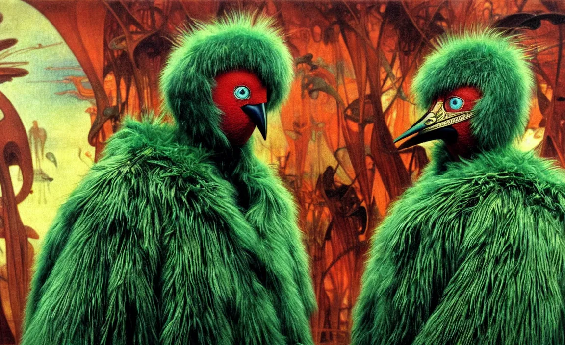 Prompt: realistic detailed portrait movie shot of a birdman wearing green fur coat, sci fi city landscape background by denis villeneuve, amano, yves tanguy, alphonse mucha, ernst haeckel, max ernst, roger dean, masterpiece, rich moody colours, blue eyes, occult