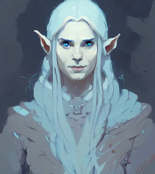 Image similar to portrait of elven mage ( lord of the rings ) by atey ghailan, by greg rutkowski, by greg tocchini, by james gilleard, by joe fenton, by kaethe butcher, dynamic lighting, gradient light blue, brown, blonde cream and white color scheme, grunge aesthetic