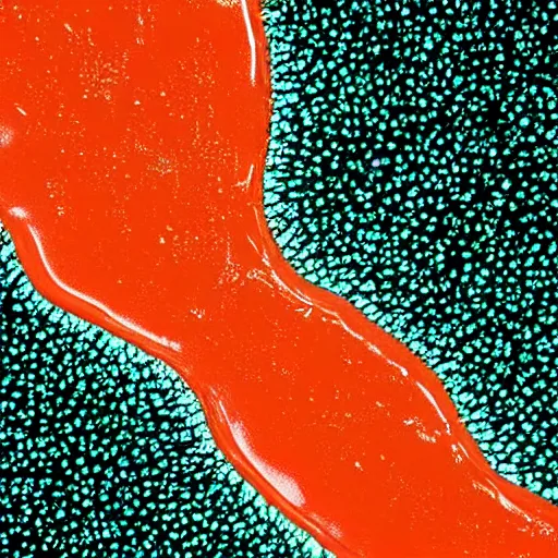 Image similar to microscopic petri dish photo of a transparent sectioned blue - green rod - shaped flagellated bacteria, microscopic photo, orange, dark black background, fluids inside