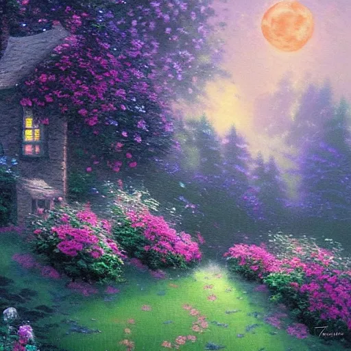 Prompt: a beautiful painting of the moon fell into the blue roses bushes, thomas kinkade style, trending on artstation, - w 1 0 2 4