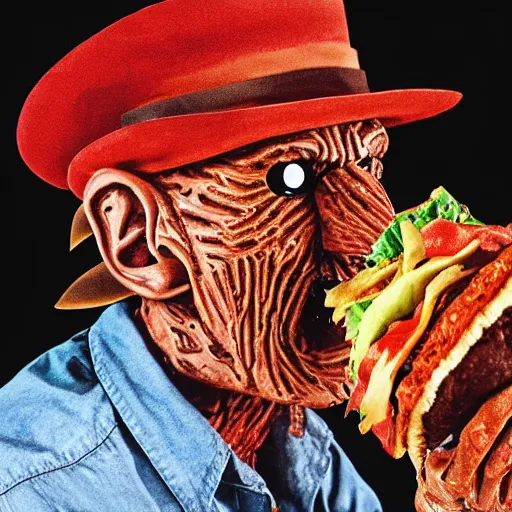 Prompt: A still of Freddy Krueger eating a burger, 4k, photograph, ultra realistic, highly detailed, studio lighting