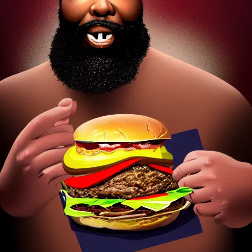 Prompt: portrait photography of Mr. T eating a giant hamburger, extra ketchup and mustard with overflowing bacon lettuce and tomato, cinematic lighting, highly detailed, ethereal, D&D, hearthstone, digital painting, artstation, concept art, smooth, sharp focus, illustration, art by Terry Moore and Greg Rutkowski and Alphonse Mucha