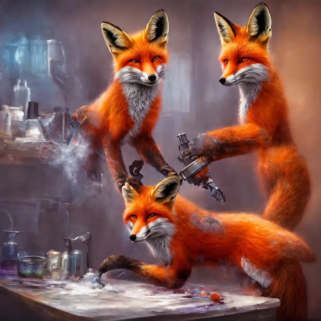 Image similar to a fox mixing chemicals in a kitchen, portrait, fantasy, beautiful face, vivid colors, elegant, concept art, sharp focus, digital art, hyper - realistic, 4 k, unreal engine, highly detailed, hd, dramatic lighting by brom, trending on artstation