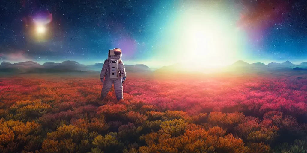 Image similar to astronaut walks in a field of colorful corals on the surface of a far away planet. universe in the background. wallpaper relaistic cgi 4 k lens flare cinematic color grading