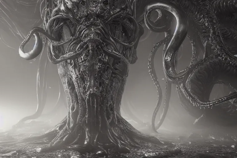 Prompt: ultra realist 3D render of the world of Lovecraft Elden Ring and Giger, gigantic oily tentacles and eyes, very intricate details, ultra dense fog, golden ratio, volumetric black and white lighting, reflections, refractions, symmetry accurate anatomy features, artstation, octane render