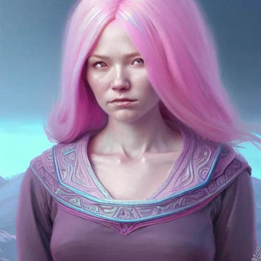 Image similar to pink haired mage medium portrait, female, glacier landscape, norway, d & d, fantasy, intricate, elegant, highly detailed, digital painting, pink and teal color palette, artstation, octane render, concept art, matte, sharp focus, illustration, herrarthstone, art by artgerm and greg rutkowski and alphonse mucha