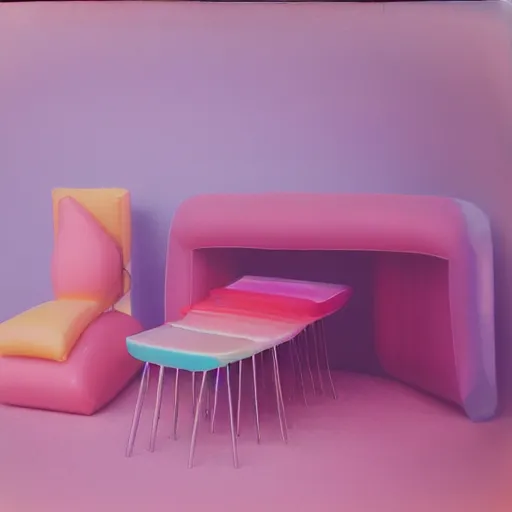 Prompt: a pastel colour high fidelity Polaroid art photo from a holiday album at a pink desert with abstract inflatable parachute furniture, all objects made of transparent iridescent Perspex and metallic silver, no people, iridescence, nostalgic