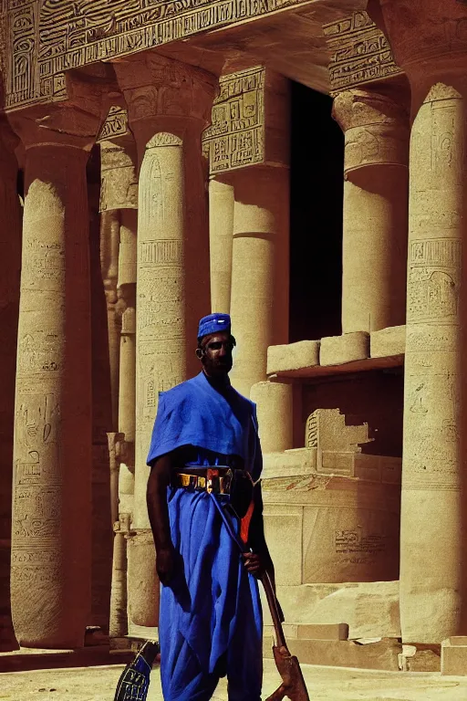 Prompt: a closer hero portrait of a live nubian temple guard in old egypt. photography photo art. cover of time magazine, dramatic light and shadow, saturated colors, ciaroscuro, interpreted by anders zorn