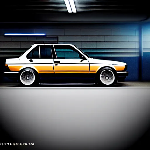 Image similar to a modified bmw e 3 0 with lights on in a futuristic neon parking garage, 3 5 mm photography, car photography, clean lines, realistic