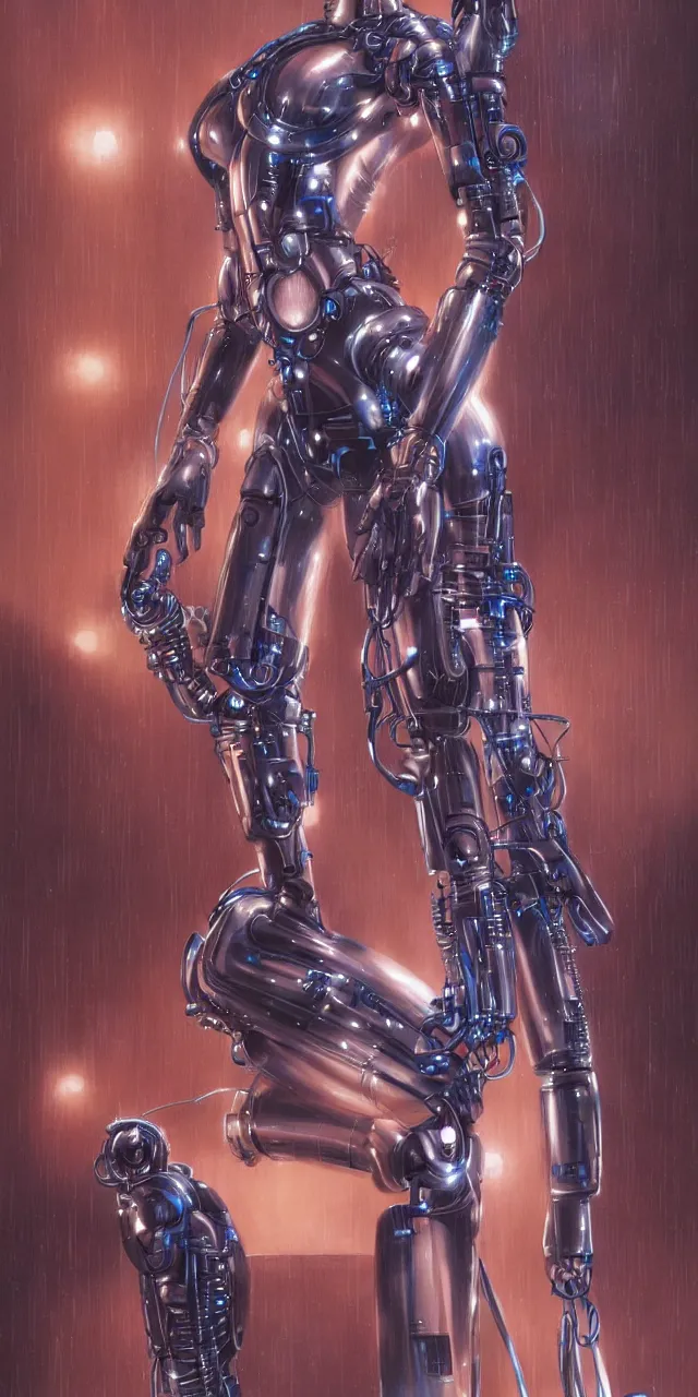 Prompt: beauty Blade Runner woman, robotic, cyberpunk, lots of cables and wiring, electrical details, trending on artstation, by Hajime Sorayama and Boris Vallejo