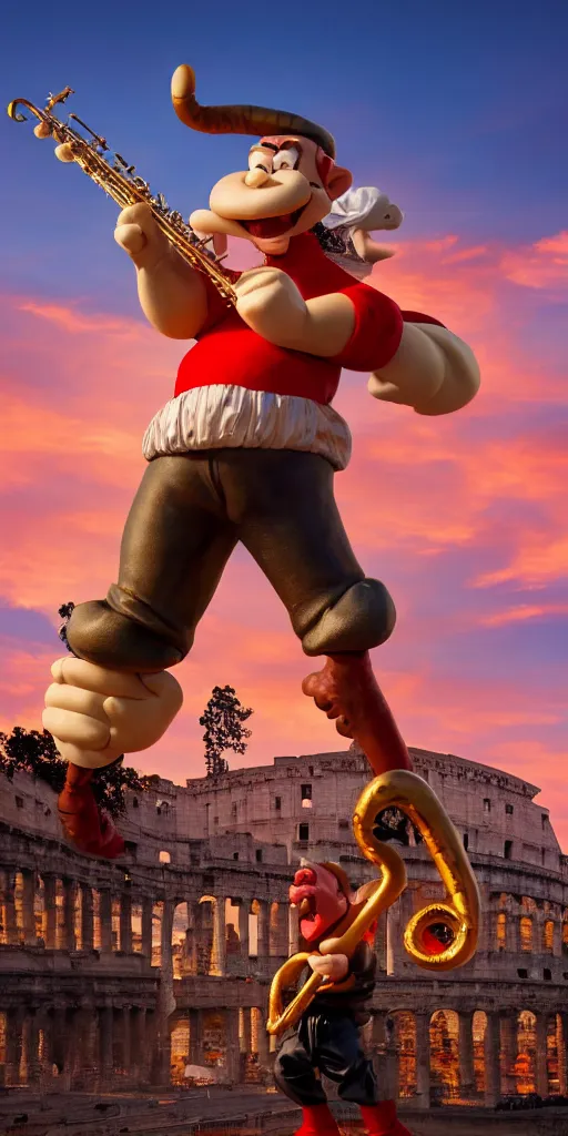 Prompt: angry saxophonist with saxophone and flute wearing popeye the sailor costume carving a larger than life statue of himself, hyper realistic, 8 k resolution, roman amphitheater and skyline of ancient rome is burning in the background, red skies, smoke billows over the horizon, hell, complete pandemonium