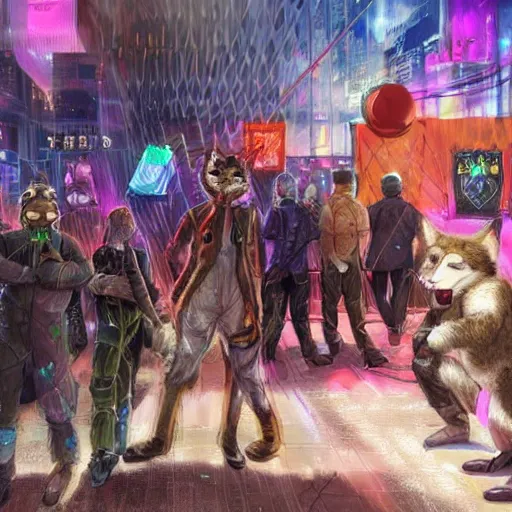 Image similar to high - resolution photograph from a cyberpunk era furry fandom convention ( midwest furfest 2 0 4 7 ), taking place after the genetic revolution and quantum singularity. photorealistic.