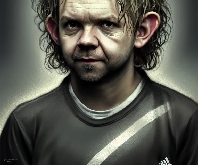 Image similar to a detailed fifty mm portrait of dominic monaghan as a hobbit in a black adidas track suit with white stripes, headshot, highly detailed, digital painting, artstation, concept art, sharp focus, cinematic lighting, illustration, art by met mangindaan, artgerm and greg rutkowski, alphonse mucha, cgsociety